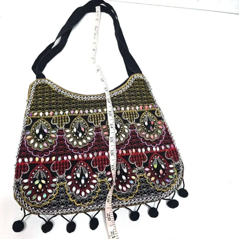 Vintage 90s Y2k Arcad Embellished Sequin Beaded Embroidered Black Shoulder Bag
